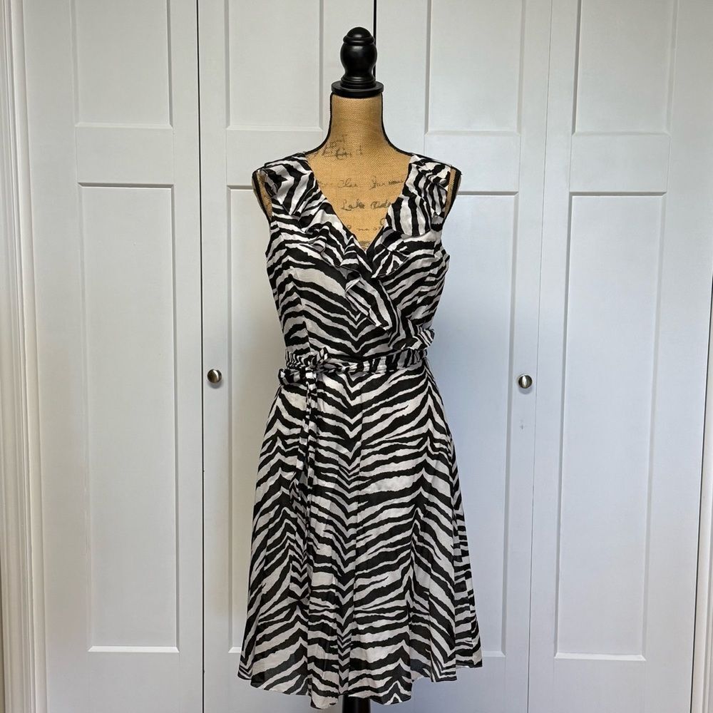 Tahari Arthur S. Levine Zebra Print Ruffle Wrap Dress | Size 6